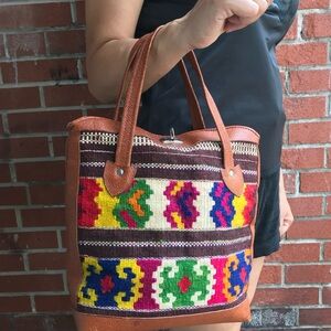 Vintage and Handmade Guatemalan Woven and Leather Handbag with Huipil